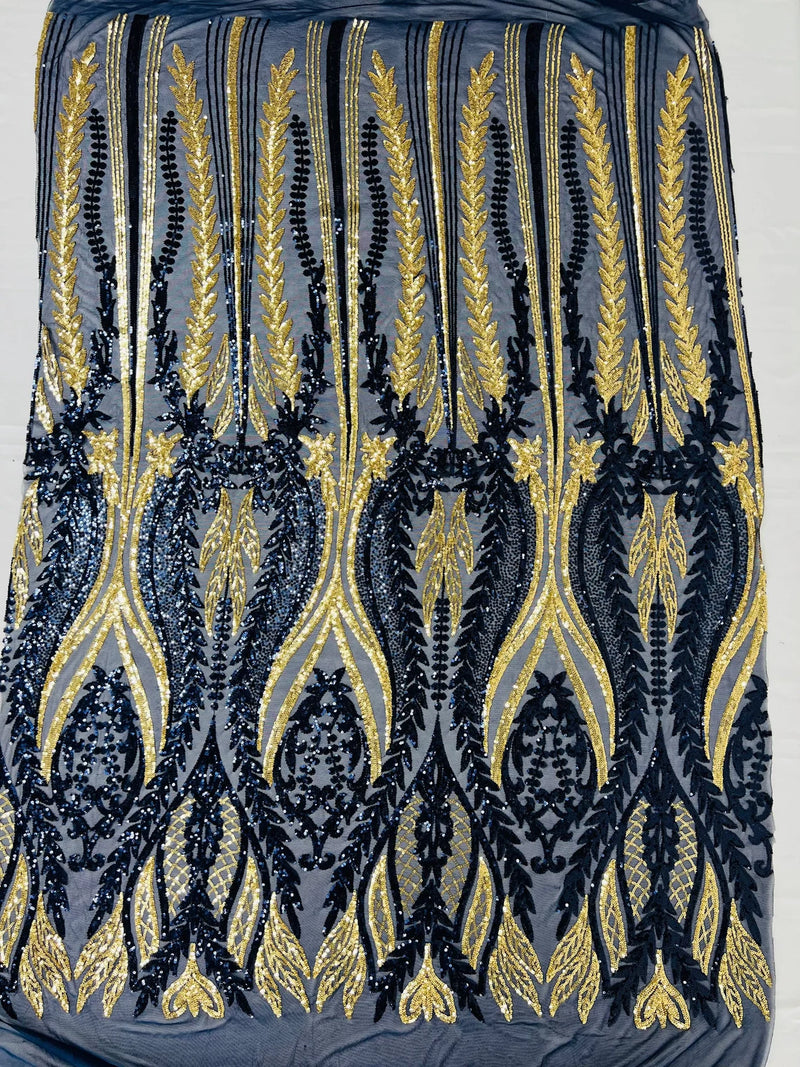 Two Tone Mermaid Fabric - Navy Blue / Gold - 4 Way Stretch Sequins Fabric on Mesh By Yard