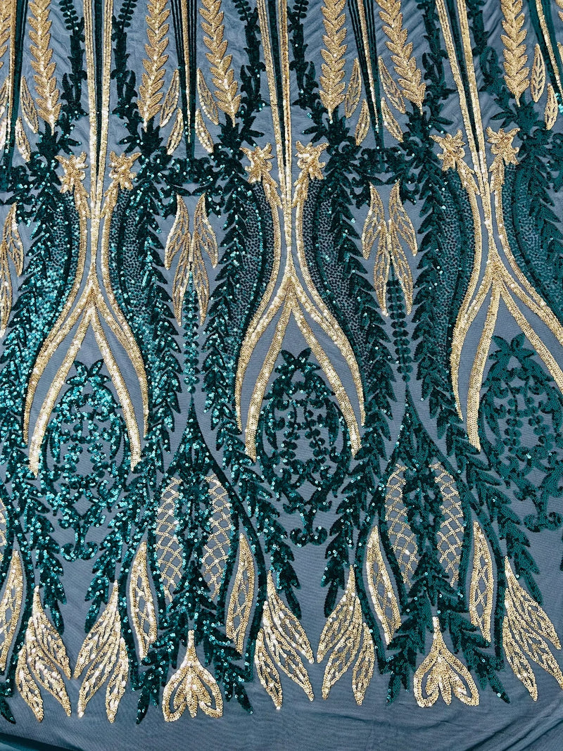 Two Tone Mermaid Fabric - Hunter Green / Gold - 4 Way Stretch Sequins Fabric on Mesh By Yard