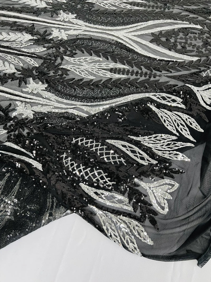 Two Tone Mermaid Fabric - Black / Silver - 4 Way Stretch Sequins Fabric on Mesh By Yard