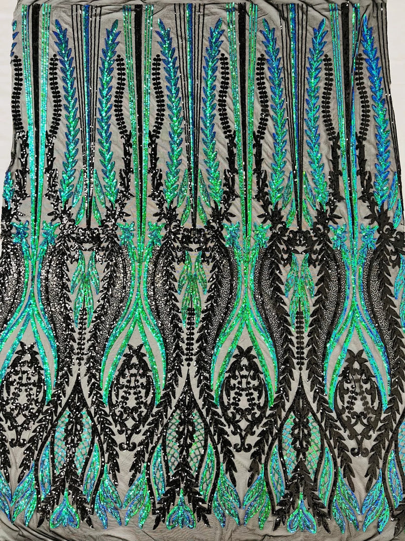 Two Tone Mermaid Fabric - Black/Green Iridescent - 4 Way Stretch Sequins Fabric on Mesh By Yard