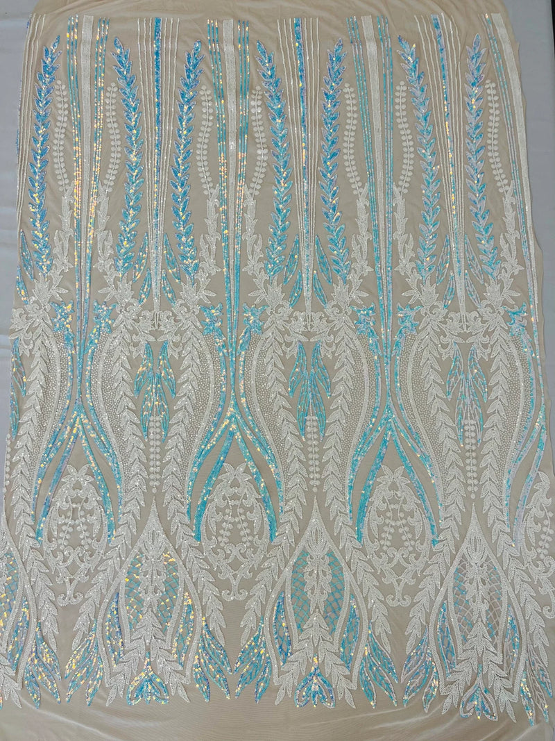 Two Tone Mermaid Fabric - White/Blue Iridescent - 4 Way Stretch Sequins Fabric on Mesh By Yard