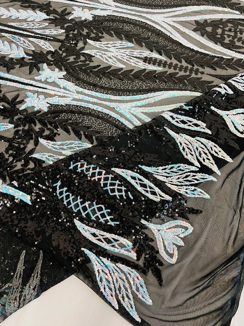 Two Tone Mermaid Fabric - Black/Blue - 4 Way Stretch Sequins Fabric on Mesh By Yard