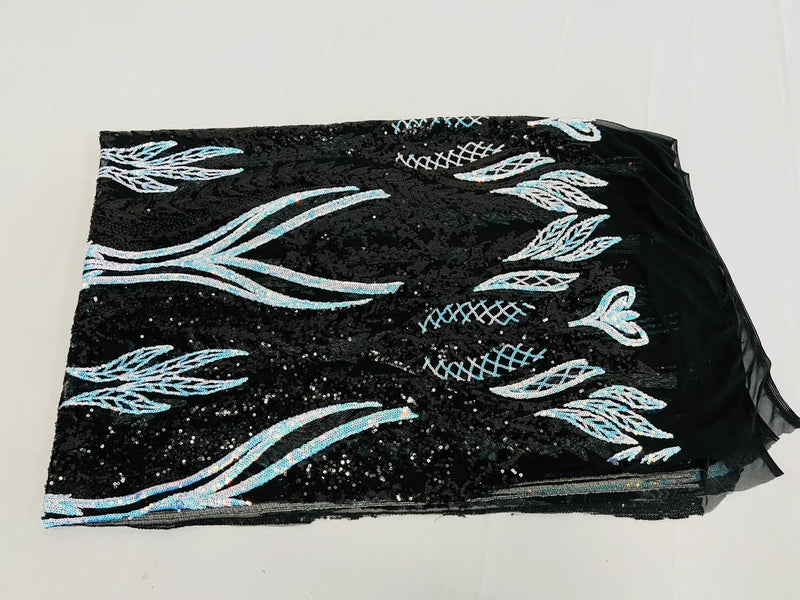 Two Tone Mermaid Fabric - Black/Blue - 4 Way Stretch Sequins Fabric on Mesh By Yard