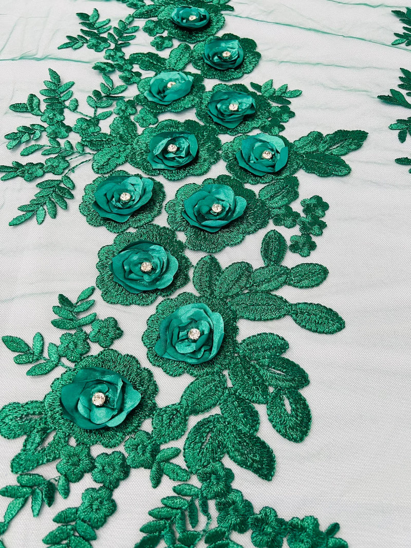 3D Rose Cluster Rhinestone - Hunter Green - Embroidered 3D Floral Rose Design Fabric Sold by Yard