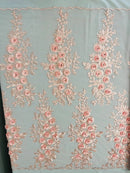 3D Rose Cluster Rhinestone - Pink - Embroidered 3D Floral Rose Design Fabric Sold by Yard