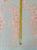 3D Rose Cluster Rhinestone - Pink - Embroidered 3D Floral Rose Design Fabric Sold by Yard