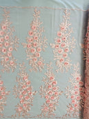 3D Rose Cluster Rhinestone - Pink - Embroidered 3D Floral Rose Design Fabric Sold by Yard