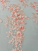 3D Rose Cluster Rhinestone - Pink - Embroidered 3D Floral Rose Design Fabric Sold by Yard
