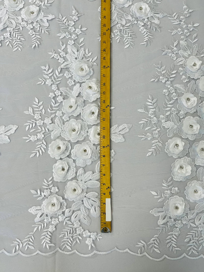 3D Rose Cluster Rhinestone - White - Embroidered 3D Floral Rose Design Fabric Sold by Yard