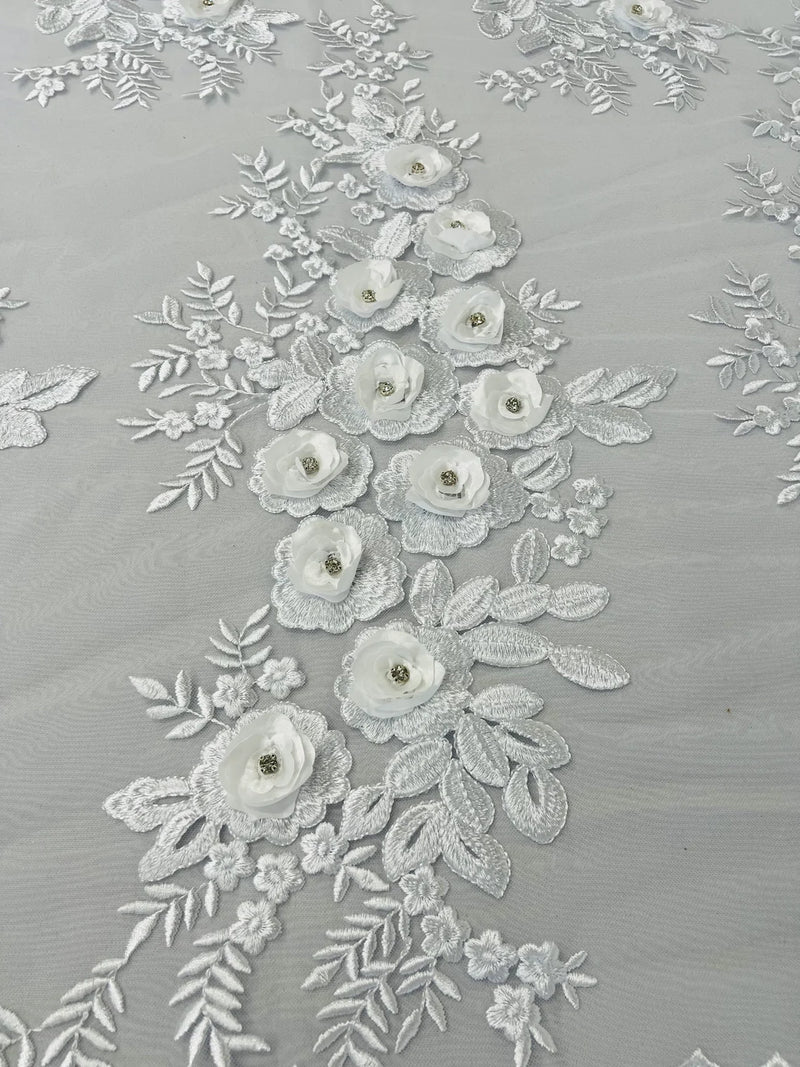 3D Rose Cluster Rhinestone - White - Embroidered 3D Floral Rose Design Fabric Sold by Yard