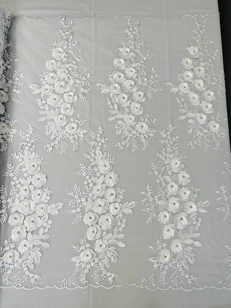 3D Rose Cluster Rhinestone - White - Embroidered 3D Floral Rose Design Fabric Sold by Yard