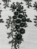 3D Rose Cluster Rhinestone - Black - Embroidered 3D Floral Rose Design Fabric Sold by Yard