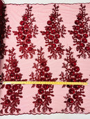 3D Rose Cluster Rhinestone - Burgundy - Embroidered 3D Floral Rose Design Fabric Sold by Yard