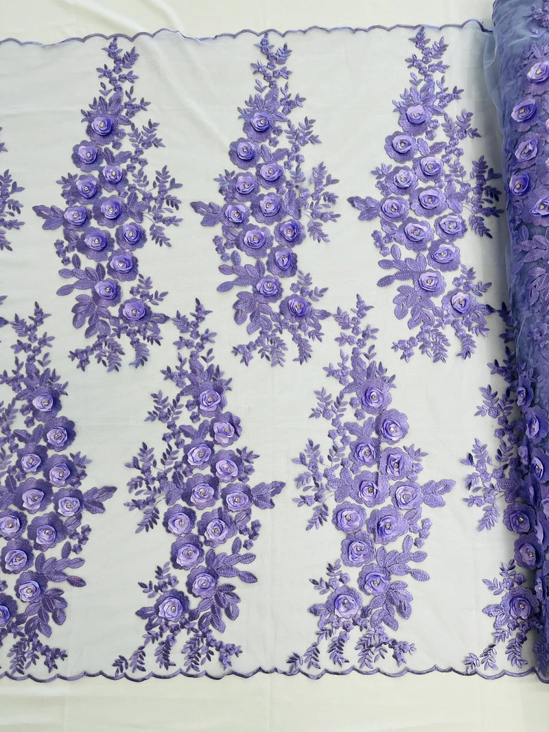3D Rose Cluster Rhinestone - Lilac - Embroidered 3D Floral Rose Design Fabric Sold by Yard