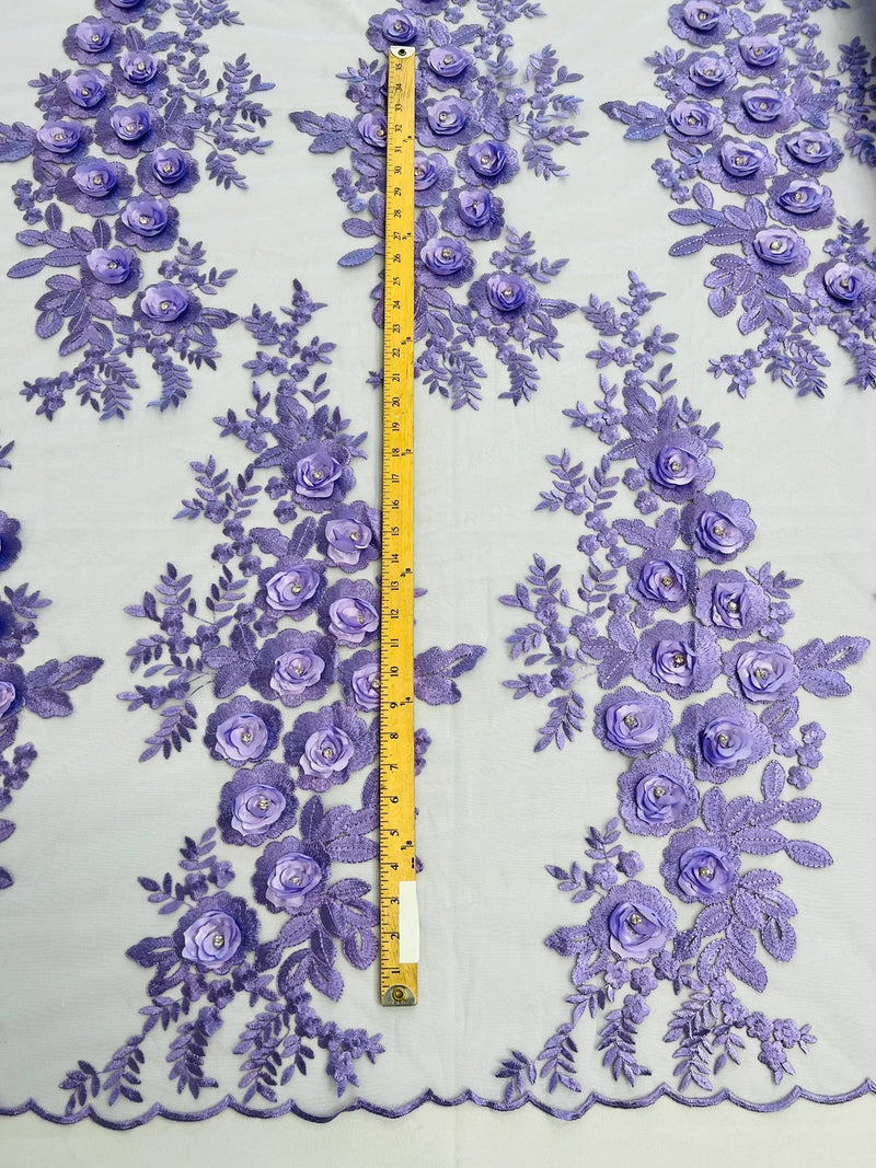 3D Rose Cluster Rhinestone - Lilac - Embroidered 3D Floral Rose Design Fabric Sold by Yard