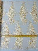 3D Rose Cluster Rhinestone - Champagne - Embroidered 3D Floral Rose Design Fabric Sold by Yard