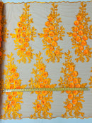 3D Rose Cluster Rhinestone - Orange - Embroidered 3D Floral Rose Design Fabric Sold by Yard