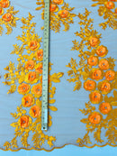 3D Rose Cluster Rhinestone - Orange - Embroidered 3D Floral Rose Design Fabric Sold by Yard