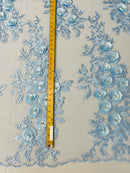 3D Rose Cluster Rhinestone - Baby Blue - Embroidered 3D Floral Rose Design Fabric Sold by Yard