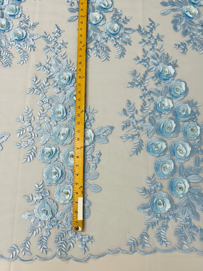 3D Rose Cluster Rhinestone - Baby Blue - Embroidered 3D Floral Rose Design Fabric Sold by Yard