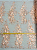 3D Rose Cluster Rhinestone - Blush - Embroidered 3D Floral Rose Design Fabric Sold by Yard