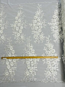 3D Rose Cluster Rhinestone - Off-White - Embroidered 3D Floral Rose Design Fabric Sold by Yard