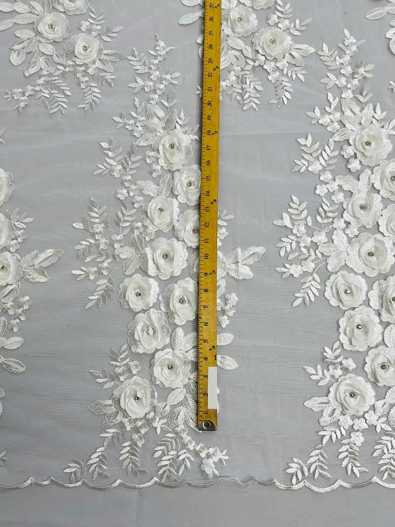 3D Rose Cluster Rhinestone - Off-White - Embroidered 3D Floral Rose Design Fabric Sold by Yard