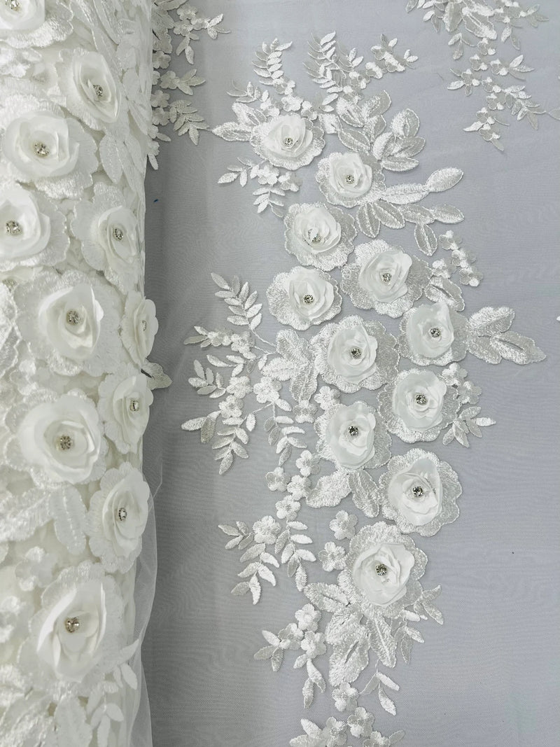 3D Rose Cluster Rhinestone - Off-White - Embroidered 3D Floral Rose Design Fabric Sold by Yard