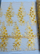 3D Rose Cluster Rhinestone - Gold - Embroidered 3D Floral Rose Design Fabric Sold by Yard