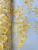 3D Rose Cluster Rhinestone - Gold - Embroidered 3D Floral Rose Design Fabric Sold by Yard