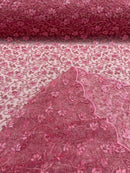 Metallic Corded Lace Fabric - Metallic Dusty Rose - Flower Design Embroidered on Mesh Lace Fabric By Yard