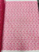 Metallic Corded Lace Fabric - Metallic Dusty Rose - Flower Design Embroidered on Mesh Lace Fabric By Yard