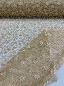 Metallic Corded Lace Fabric - Metallic Gold - Flower Design Embroidered on Mesh Lace Fabric By Yard