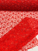 Metallic Corded Lace Fabric - Metallic Red - Flower Design Embroidered on Mesh Lace Fabric By Yard