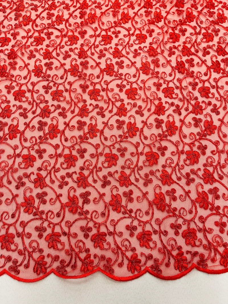 Metallic Corded Lace Fabric - Metallic Red - Flower Design Embroidered on Mesh Lace Fabric By Yard