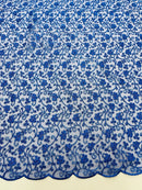 Metallic Corded Lace Fabric - Metallic Royal Blue Flower Design Embroidered on Mesh Lace Fabric By Yard