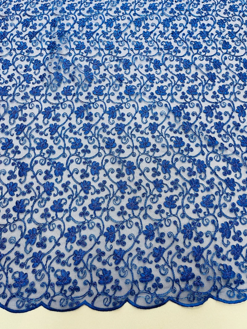 Metallic Corded Lace Fabric - Metallic Royal Blue Flower Design Embroidered on Mesh Lace Fabric By Yard