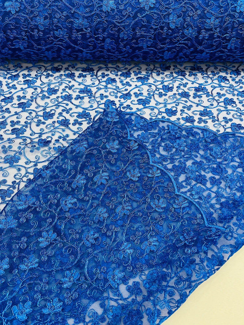 Metallic Corded Lace Fabric - Metallic Royal Blue Flower Design Embroidered on Mesh Lace Fabric By Yard