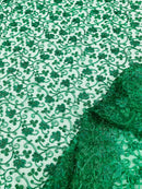 Metallic Corded Lace Fabric - Metallic Green - Flower Design Embroidered on Mesh Lace Fabric By Yard