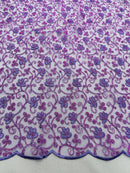 Metallic Corded Lace Fabric - Metallic Lilac - Flower Design Embroidered on Mesh Lace Fabric By Yard