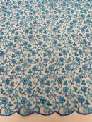 Metallic Corded Lace Fabric - Metallic Turquoise - Flower Design Embroidered on Mesh Lace Fabric By Yard