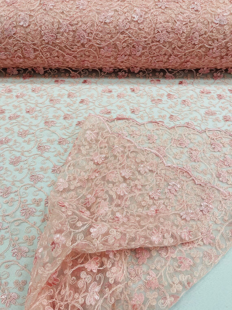 Metallic Corded Lace Fabric - Metallic Pink - Flower Design Embroidered on Mesh Lace Fabric By Yard