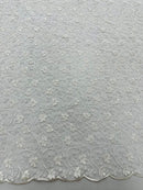Metallic Corded Lace Fabric - White - Flower Design Embroidered on Mesh Lace Fabric By Yard