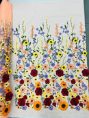 Multi-Color Flower Fabric - Peach - Embroidered Floral Design Fabric Sold by Yard