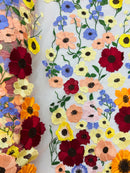 Multi-Color Flower Fabric - Peach - Embroidered Floral Design Fabric Sold by Yard