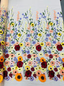 Multi-Color Flower Fabric - Champagne - Embroidered Floral Design Fabric Sold by Yard