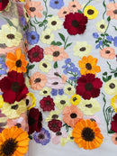 Multi-Color Flower Fabric - Champagne - Embroidered Floral Design Fabric Sold by Yard