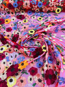 Multi-Color Flower Fabric - Red - Embroidered Floral Design Fabric Sold by Yard