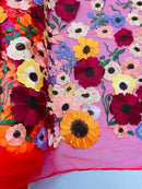 Multi-Color Flower Fabric - Red - Embroidered Floral Design Fabric Sold by Yard