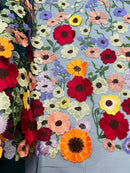 Multi-Color Flower Fabric - Hunter Green - Embroidered Floral Design Fabric Sold by Yard